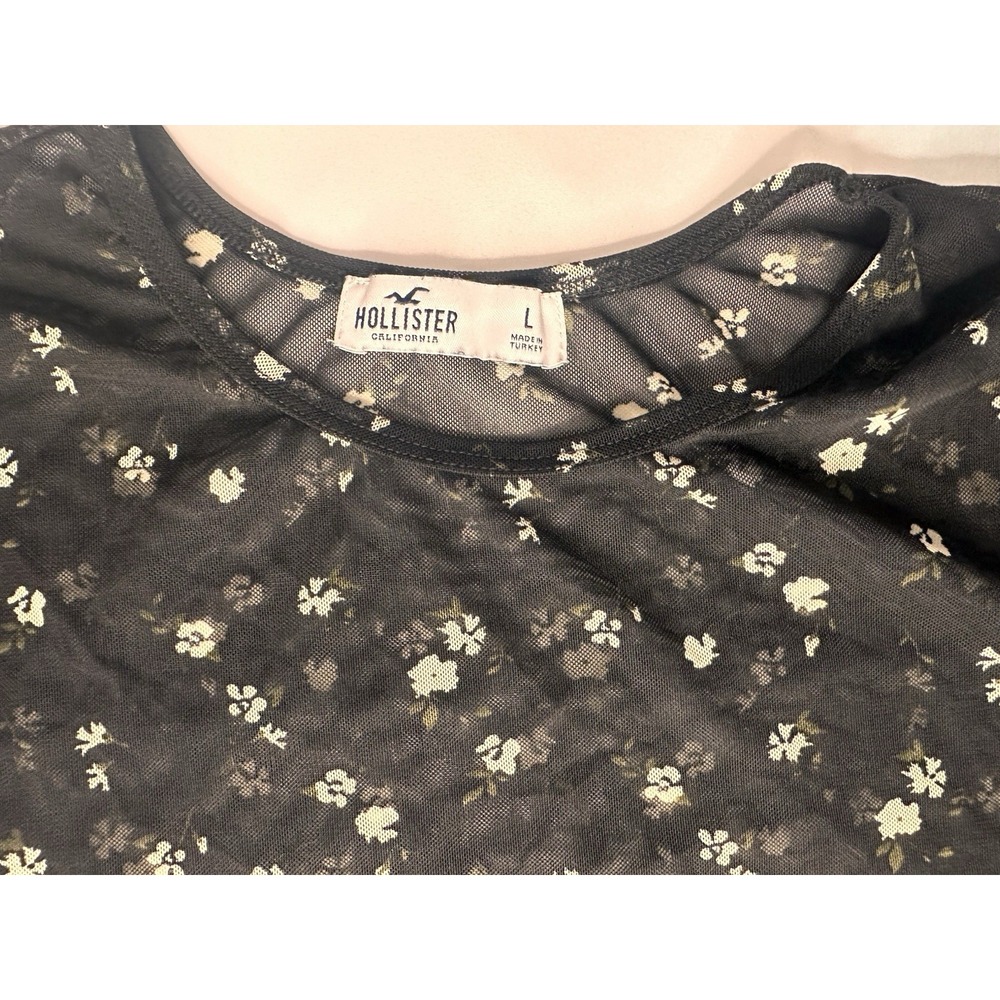 Hollister Sheer Mesh Floral Top Women's L Black White Round Neck Pullover